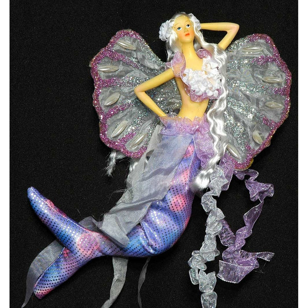 Mermaid tail doll  flowers  handmade clam shell wings flexible tail pink light purple lilac silver 