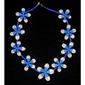 Cowrie shell necklace Flower shape design blue twine and glass beads