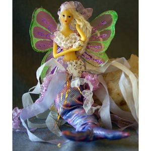 Mermaid tail doll mobile or sitting ornament decoratiion shell butterfly wings lilac light purple lavender flowers