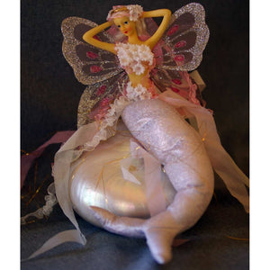 Mermaid tail doll sitting or hanging mobile decoration ornament handmade butterfly wings flower bra 