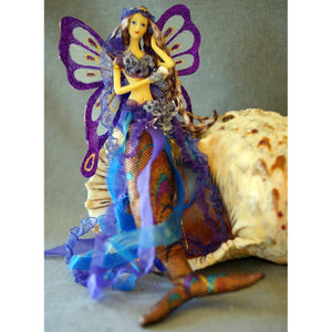 Blue Purple Mermaid Tail doll holding shell, butterfly wing decoration hanging ornament