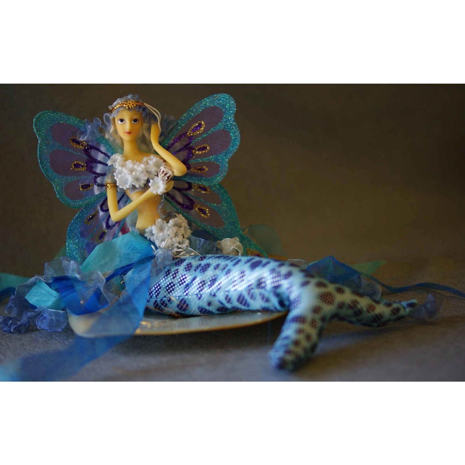 mermaid crown doll flexible tail holding shell butterfly wings royal blue turquiose tail