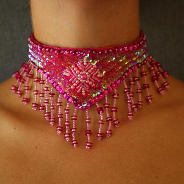 Fringe Beaded Sequin Collar Pink Mermaid Necklace belly dancer jewelry