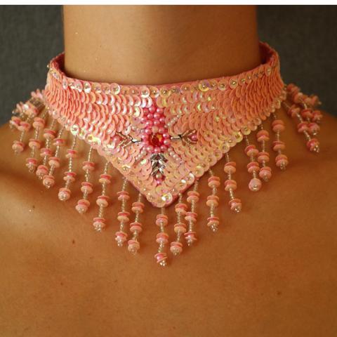 pink belly dance necklace beaded sequin droplets dangle 