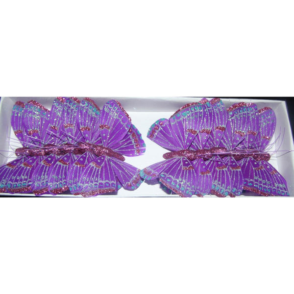 Purple butterfly handmade decoration florist wire feather butterfly glitter design pin stick cake topper