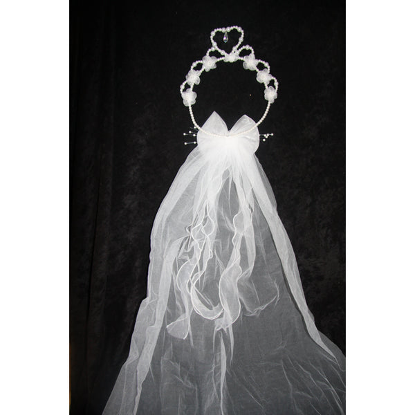 heart shape tiara white pearls crystal droplet organza silk flowers veil wedding accessory hens night dress up costume