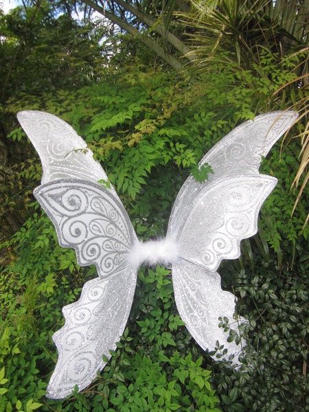 White wedding Bride Fairy wings large adult size white silver handmade custom glitter designs