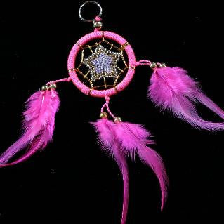 small dreamcatcher keyring pink feather beaded