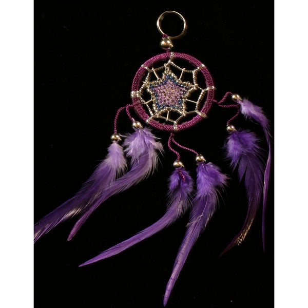 small purple dreamcatcher keyring feather beaded