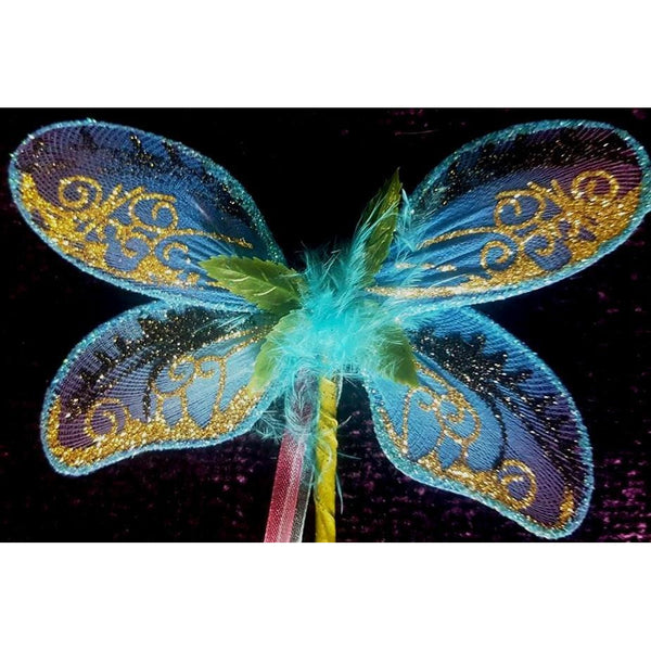 handmade blue gold dragonfly wings wand