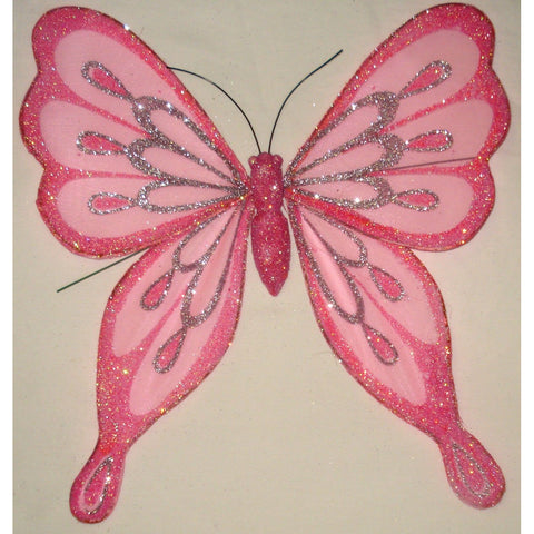 Butterfly Ornament Organza Glitter design Wings 25cm wingspan hot pink 