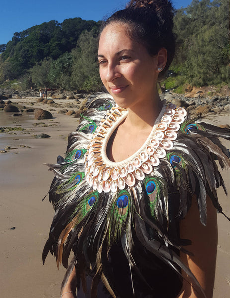 Mermaid Tribal  Peacock Feather and Shell Necklace