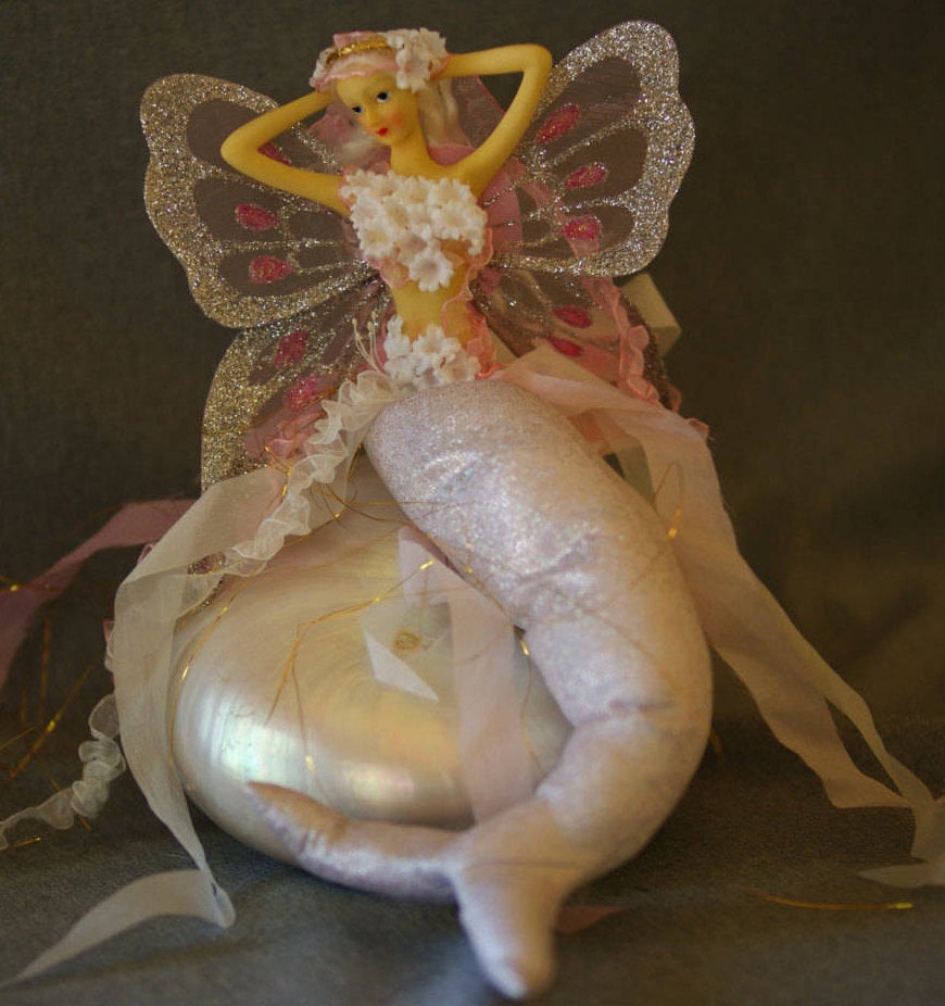 PINK Mermaid Tail  Doll Butterfly Wings. flower mermaid bra