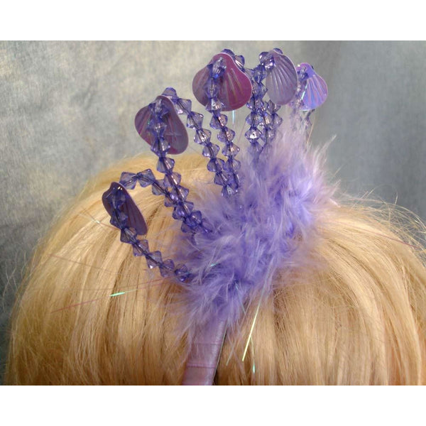 Little Mermaid Crown Ariel lilac bead tiara crown. feathers hanging clam shell sequins