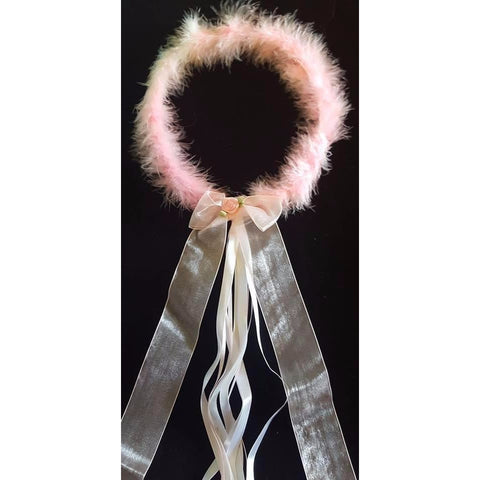 Pink feather ring headband  fairy garland with long ribbon and bow at back