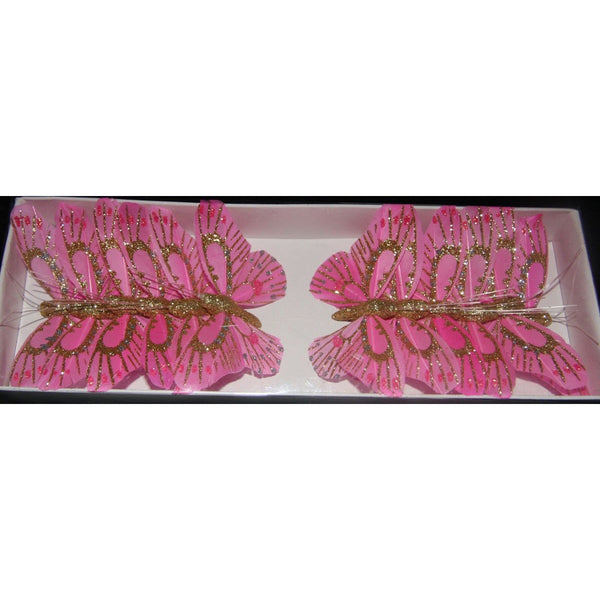 Bright pink feather  glitter butterfly decoration on florist floral bouquet flower shop supplies