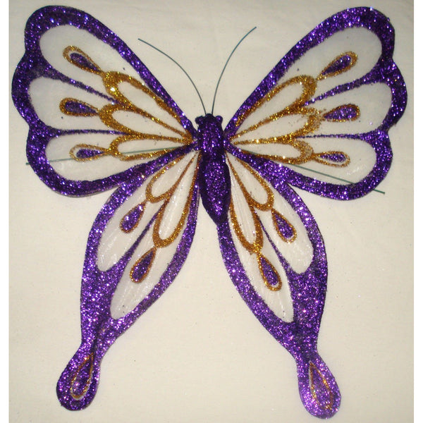Purple glitter butterfly decoration organza glittered wings wire at back 