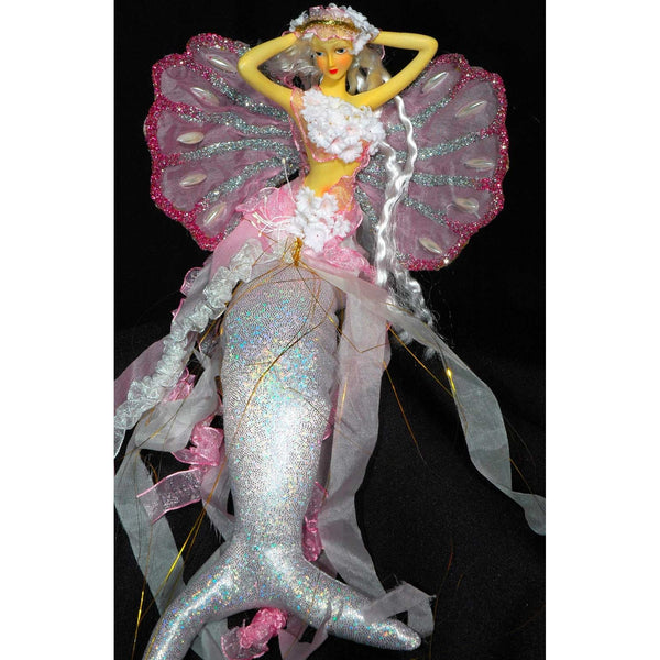Mermaid tail doll light pink flowers pearl clam shell wings flexible tail 
