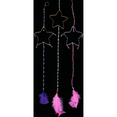 Star shape gold silver thead with long beaded fairy mobile hanger room decoration feather 